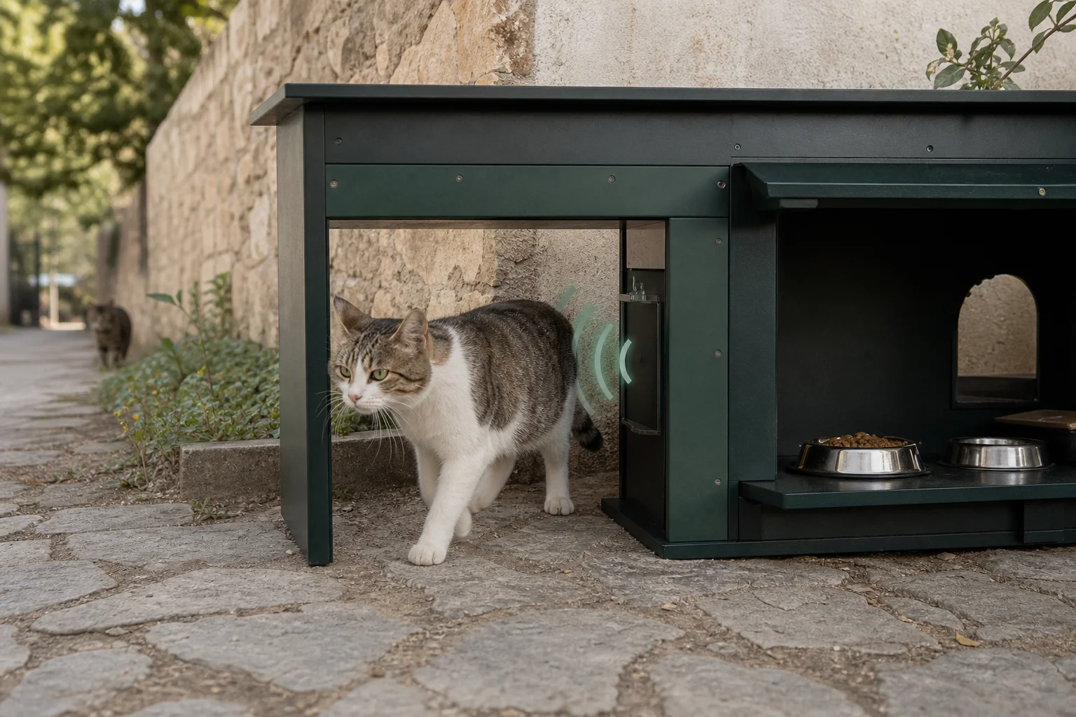 Gato comunitario junto a un punto de alimentación en su colonia
