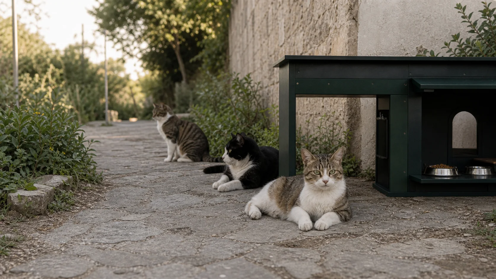 Pequeña colonia felina descansando junto a un refugio discreto