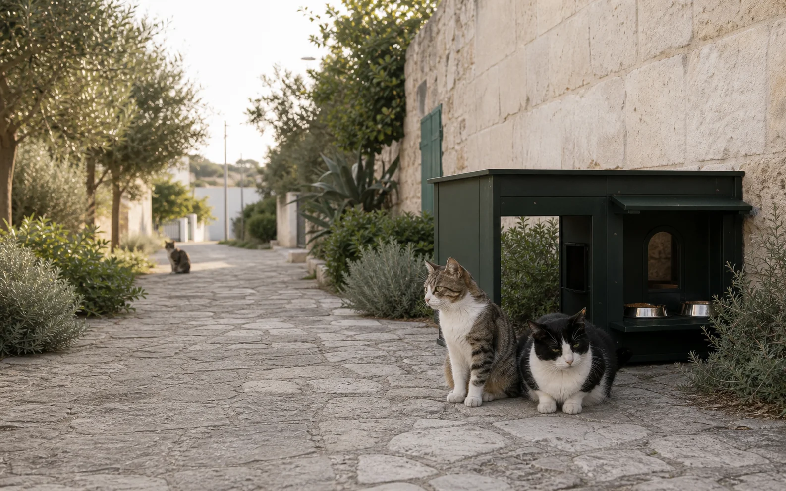 Gatos comunitarios junto a un refugio discreto en un entorno mediterráneo