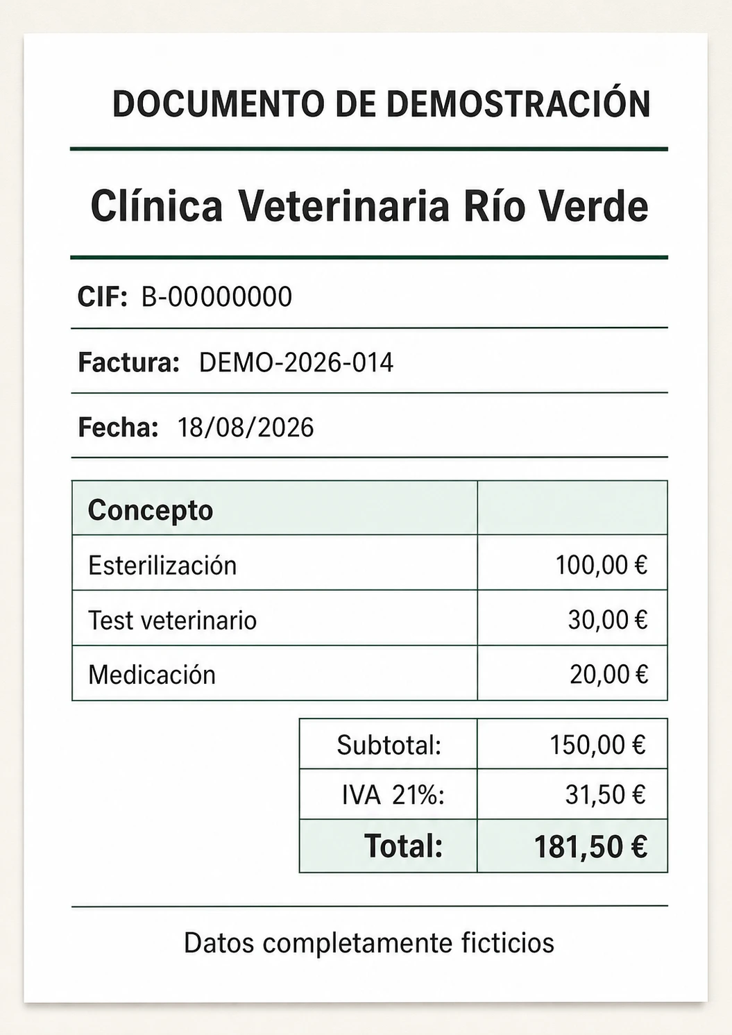 Factura veterinaria ficticia marcada como documento de demostración