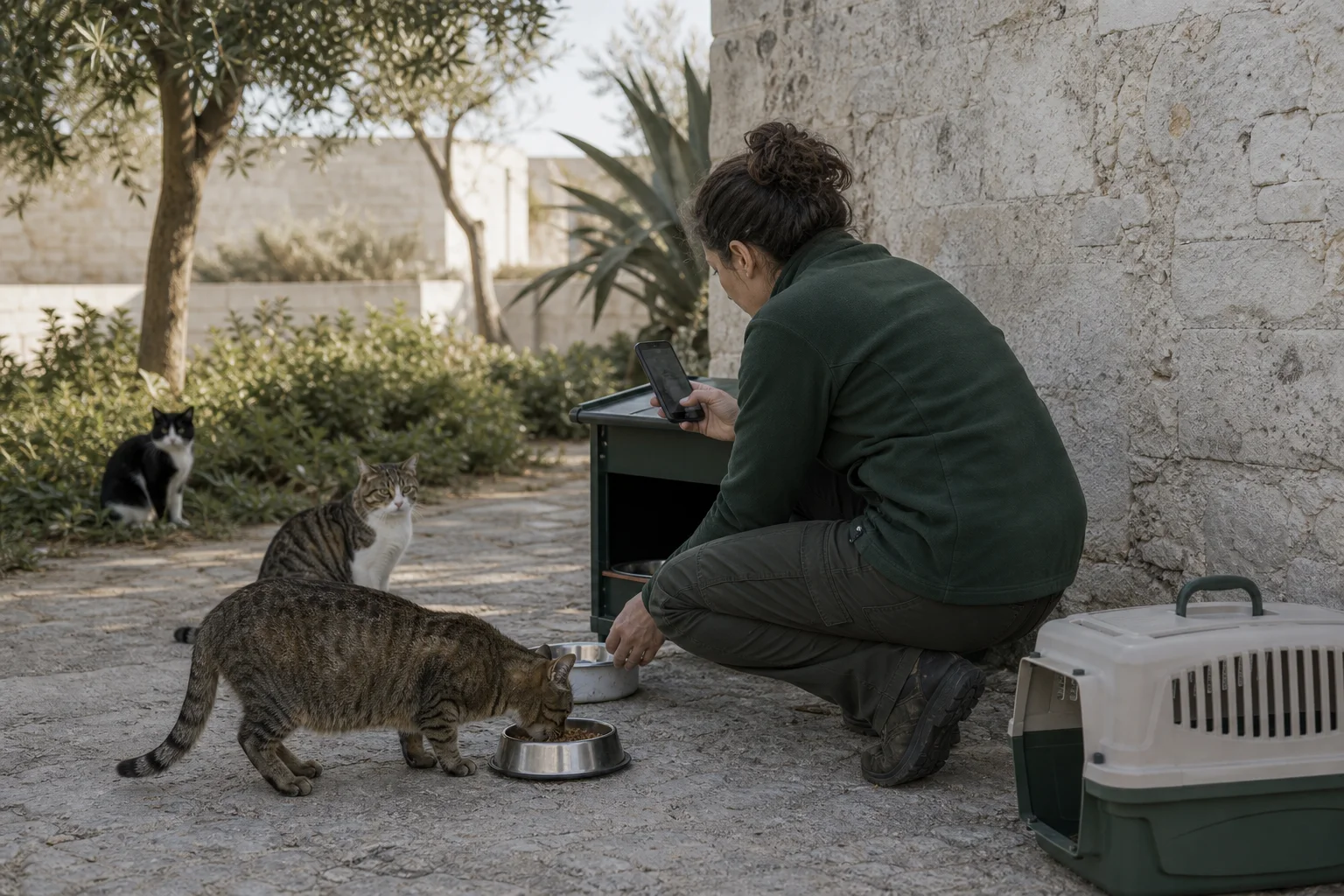 Gestora registrando información durante una visita a una colonia felina