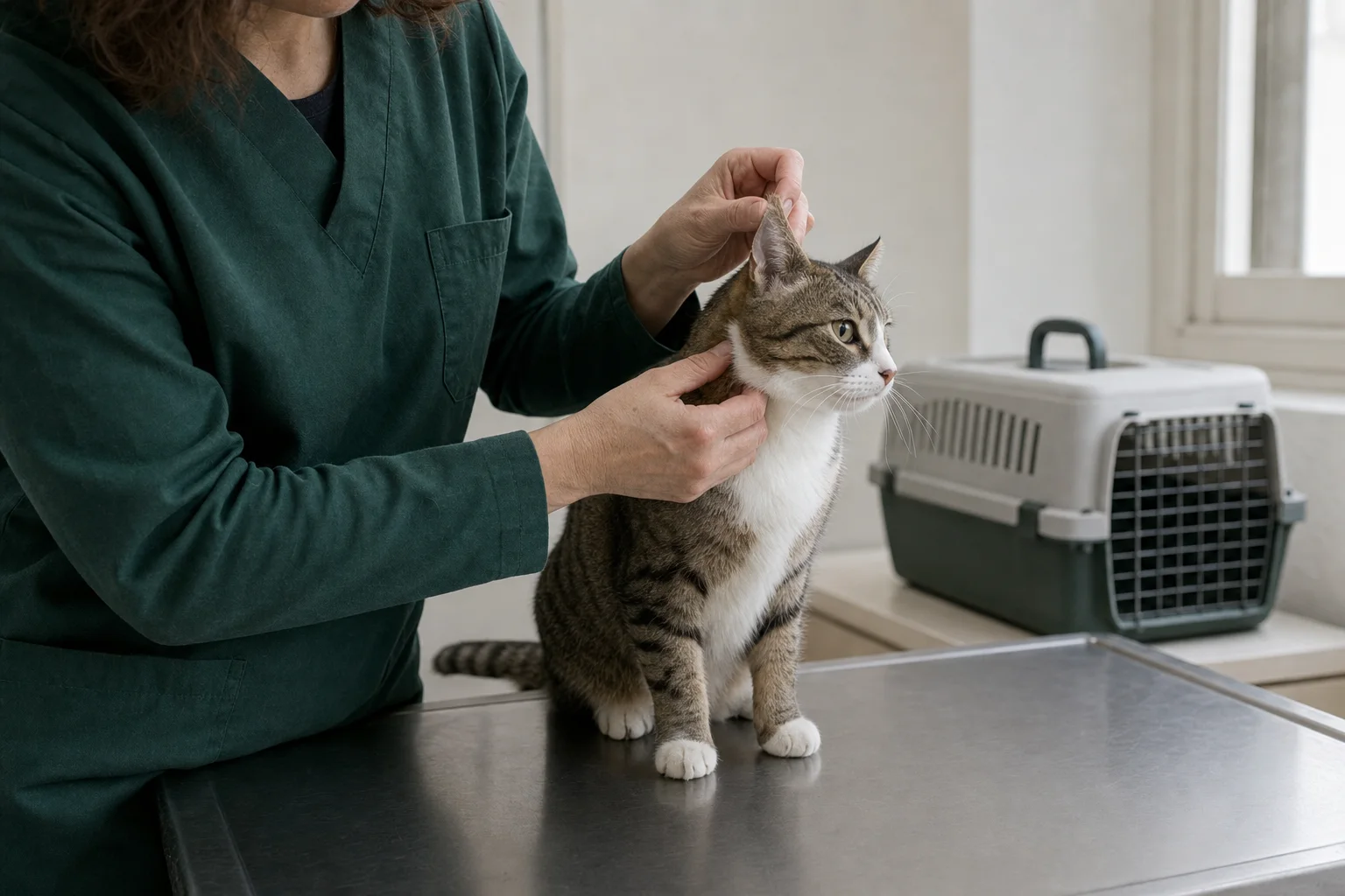 Veterinaria examinando con cuidado a un gato comunitario